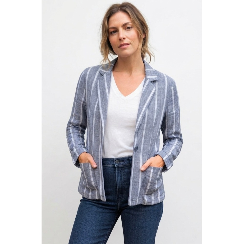 Drew Women Blue White Striped Linen Blend Single Button Blazer Jacket Medium
